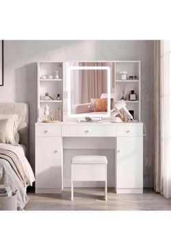White Vanity Desk with Lighted Mirror and Stool