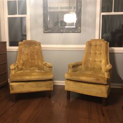 2 Mid century modern velvet yellow arm chairs