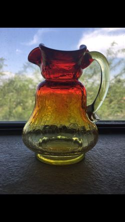 Vintage Unique Amberina Crackle Glass Pitcher