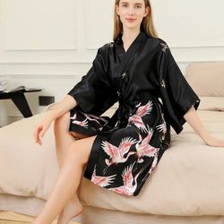 Women Satin Black Cranes Print Belted V-Neck Kimono Dressing Nightgown Bathrobe