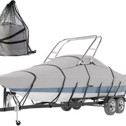 Tuszom 900D Solution Dyed 100% Waterproof Ski & Wakeboard Tower Boat Cover with 11+6 PCS Windproof Straps Fit V-Hull Runabouts OutBoards and I/O (Gray