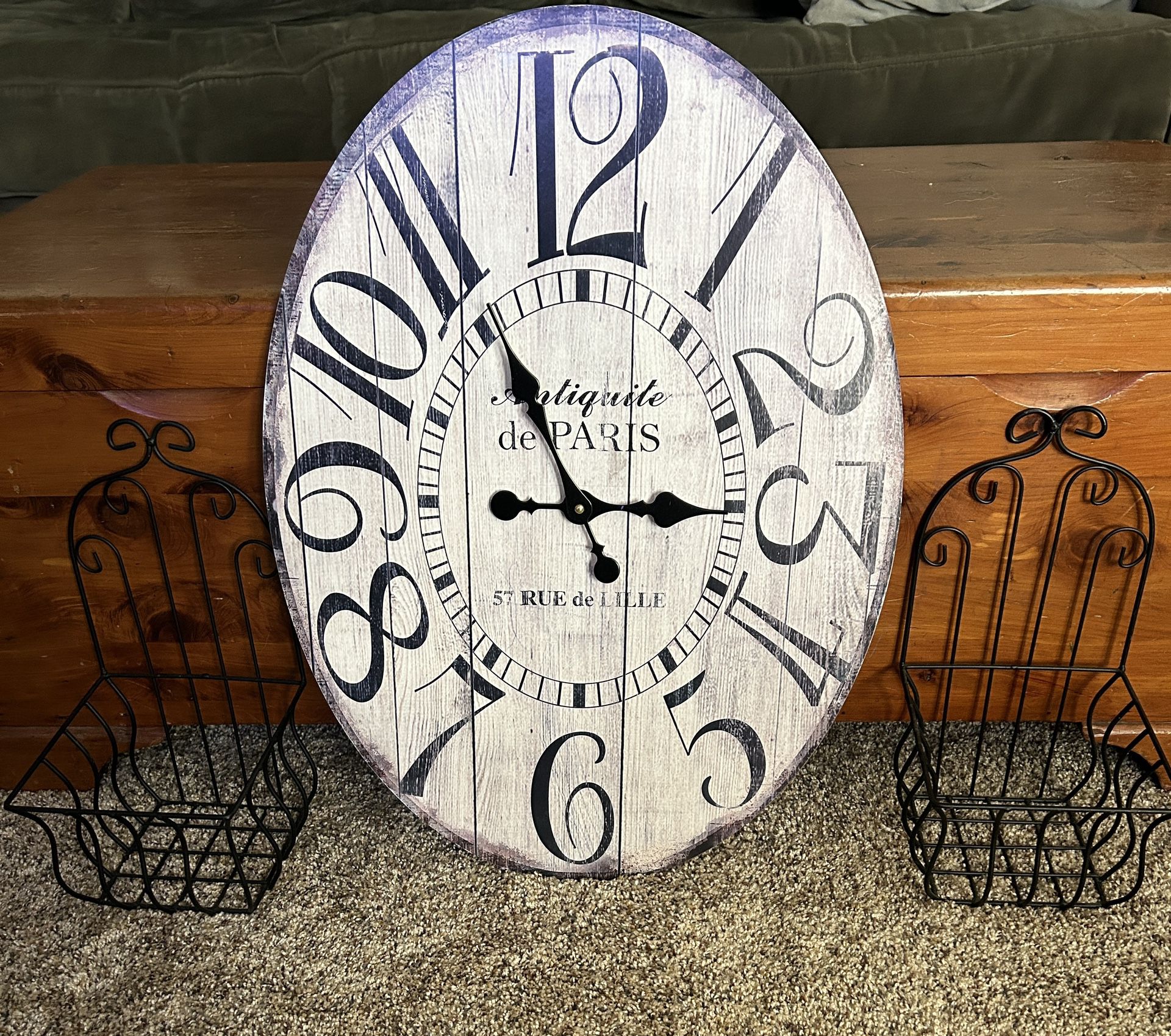 Oval clock, White-Gray-Black Distressed Look  & black Wire Baskets/plant Holder 