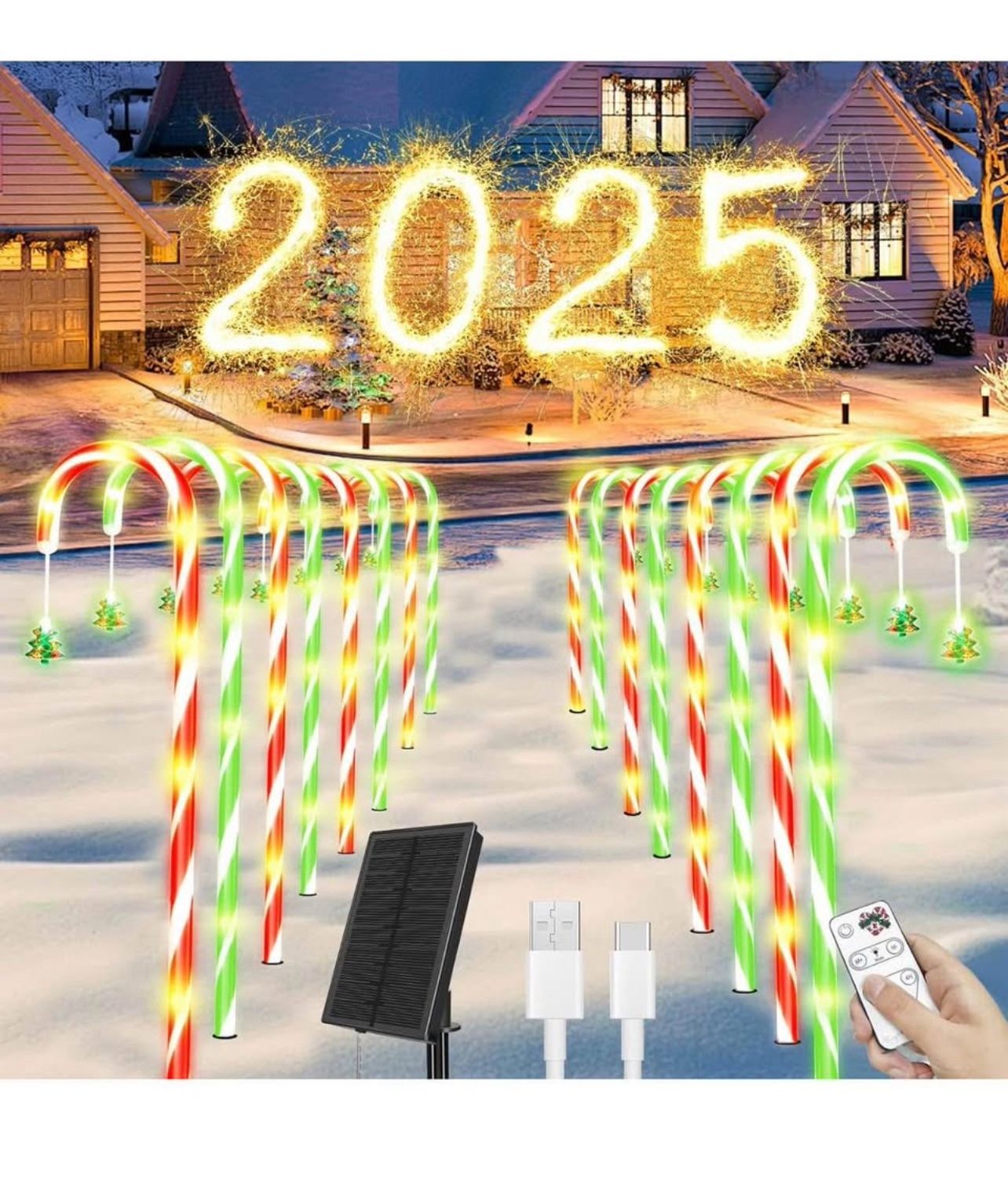 Brandnew 35'' Solar Candy Cane Lights,10 Pack Solar & USB-C Rechargeable Candy Cane Lights Outdoor Pathway Christmas Decorations,100 LED 8 Mode Christ