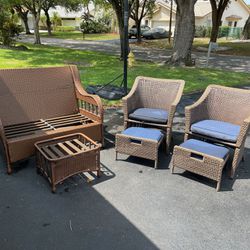 Wicker outdoor furniture. Bench 52”x31x37” high. Chairs 27”x25”x33” high. Cushions pictured included. Coral Springs near University and Wiles. $75 All