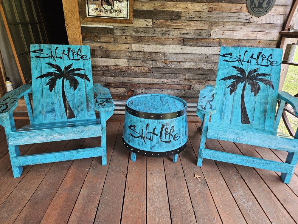 Beach Themed Adirondack Chairs And Whiskey Barrel Table
