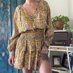 Cleobella Yellow Pink Floral Mini Dress Long Sleeve Summer Mini Ruffles Boho