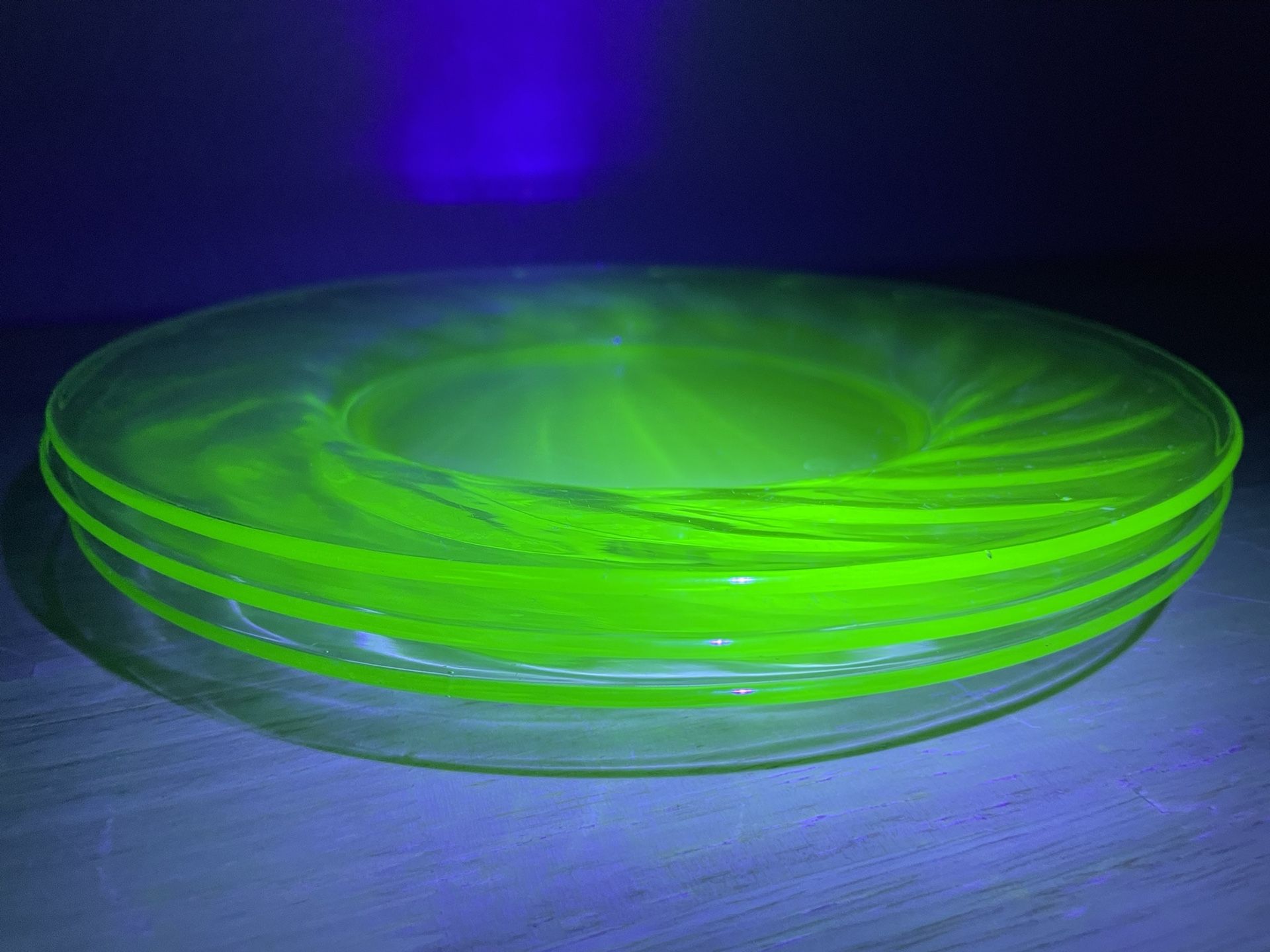 3 Vintage 8.5” Uranium Glass Plates 