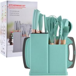 19-Piece Kitchen Utensils & Knife Set – 9 Silicone Utensils, 5 Chef Knives, Scissors, Whisk, Tongs & Cutting Board (Teal)