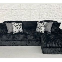 (NEW IN BOX)Comfy Soft Black   Corduroy Sectional with Pillows Finance Available $54 down pmt only👑