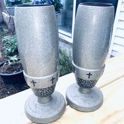 MEMORIAL FOREVER SAFE CEMETERY FLOWER VASE CAST MEDAL w/ REMOVABLE INSERT SILVER GLITTER UNUSED ORIGINALLY $89 EACH PAIR FOR $50