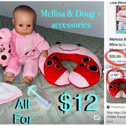 $12 Mellisa & Doug 17”Doll & accessories plus Lady Bug 🐞Kids neck Travel Pillow