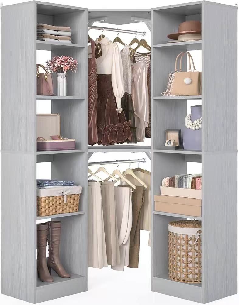 Corner Closet System with 12 Shelves, 39.2" Corner Closet Organizer System with 2 Hanging Rods, Versatile 6-Tier Walk-in Closets for Corner Spac