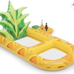 3-in-1 PVC Inflatable Pool Floats with Drink Holder, Pineapple Pool Raft Lounger Floating Chair with Detachable Backrest & Mesh Bottom for Adults Chil