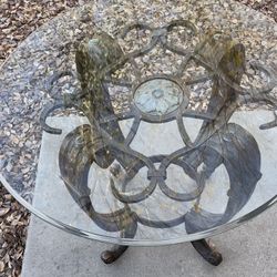 Round Accent End Side Table Glass Top Bronze Metal Decorative Floral Medallion Base