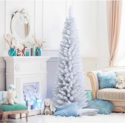 6ft Unlit Artificial Slim Pencil Christmas Tree with Metal Stand White