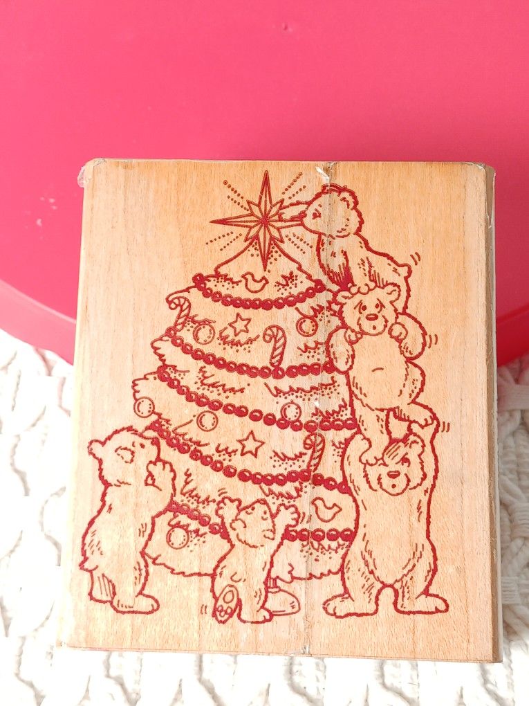 SONLIGHT IMPRESSIONS CHRISTMAS Tree Teddy Bears WOOD MOUNTED RUBBER STAMP 3"