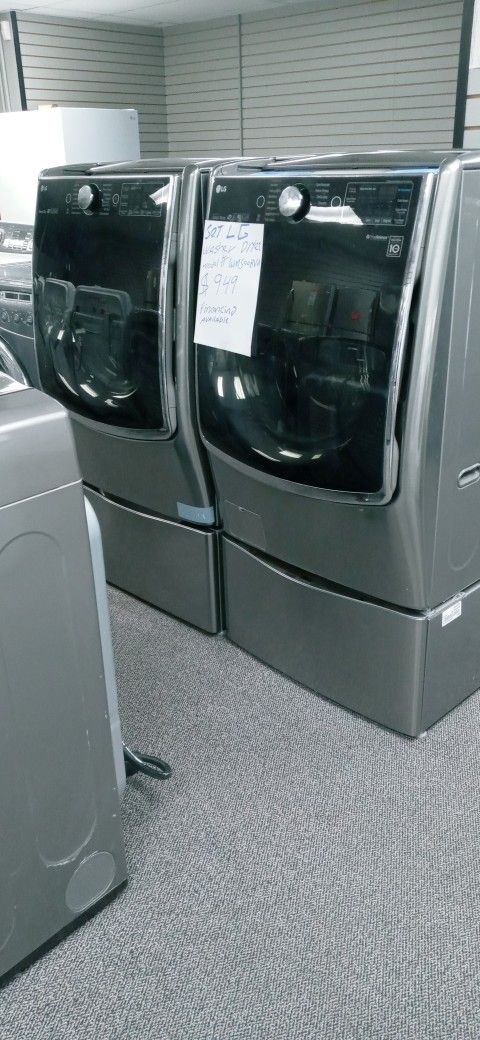 SET UNITS LG WASHER AND DRYER WITH PEDESTALS STAINLESS INCLUDING WARRANTY SMALL FEE DELIVERY