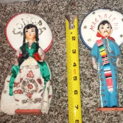 Set Of Two Vintage Dolls On Wooden Block Stand 