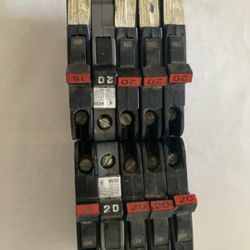LOT OF 10 USED  FEDERAL PACIFIC ELECTRIC CIRCUIT BREAKERS - FPE - STAB-LOK TYPE - 8- 20 AMP 120VAC &  2- 15 AMP 120VAC