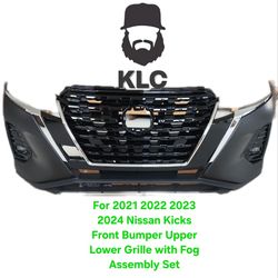 For 2021 2022 2023 2024 Nissan Kicks Front Bumper Upper Lower Grille with Fog Assembly Set