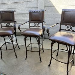 Barstools, Metal With Leather And Wicker Backing