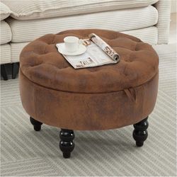24 Inch Round Ottoman with Storage, Tufted Storage Bench for Bedroom, Living Room & Entryway, Modern Upholstered Coffee Table with Wooden Black Legs, 
