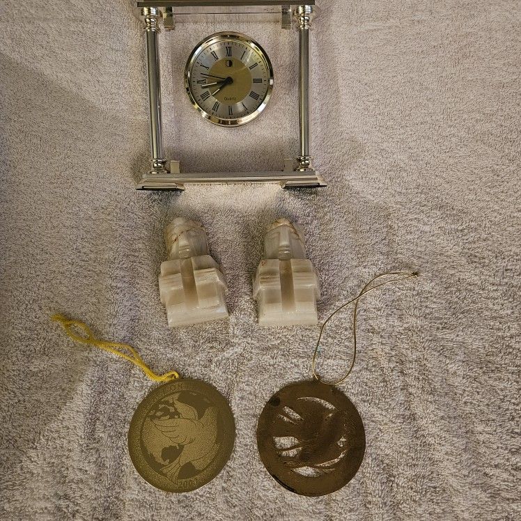 Misc. Items- Clock, Bookends, Medalions