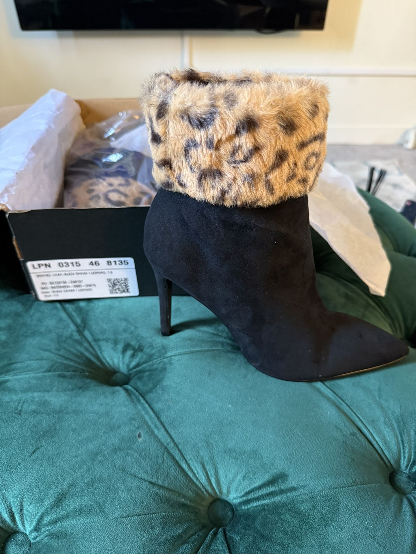 Leopard Faux Fur Trim Stiletto Ankle Boots – Size 7 – Brand New