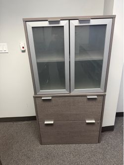Bestar i3 Plus 31W Lateral File Cabinet with Frosted Glass Doors Hutch in bark Grey