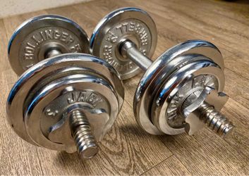 Adjustable Spin-lock Cast Iron Chromed Dumbbells w/ pairs of 5s a d 3s pounders. Total:42 lbs