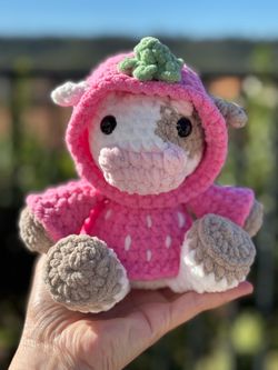 Crochet Strawberry Cow in a Hoodie 🐮 plushie