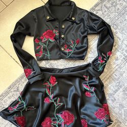 2 Piece Rose Cardigan And Skirt Set 