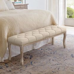 N62 $80  Bedroom Bench, French Vintage Tufted Entryway 52.5" Carving Upholstered End of Bed Bench with Distressed Wood Legs, Linen Ottoman Seat for Li