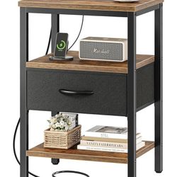 Nightstand with Charging Station, Bed Side Table with Adjustable Fabric Drawer, 3-Tier Storage