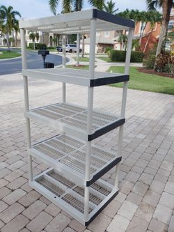 5 tier heavy duty plastic shelf. Easy assembly. 74H 36W 24D
