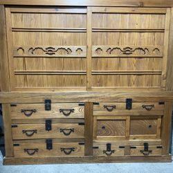 Large Antique Meiji‐Era Japanese Futon Tansu Cabinet | 72″W x 30.5″D x 69″H – Two‑Part Entertainment/Storage Piece 