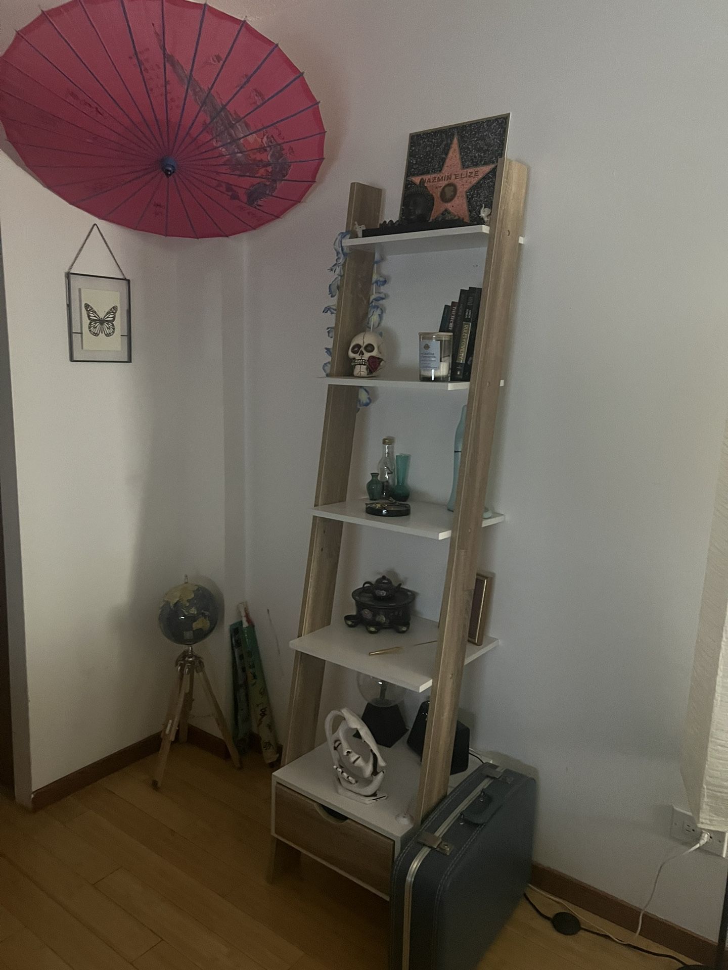 Tall Leaning Bookshelf w/ Drawer