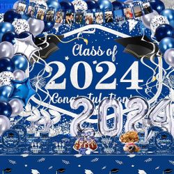 Graduation Decorations, Class of 2024, 231pcs Party Pack, Blue and Silver, with Backdrop, Balloons, Tableware, Cutlery, Tablecloth, Photo Banner

