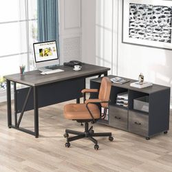 Lanita 55.1 in. L Shaped Desk Gray and Black Engineered Wood 2-Drawer Computer Desk with File Cabinet