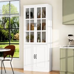 White Wooden MDF Pantry Cabinet with Glass Doors