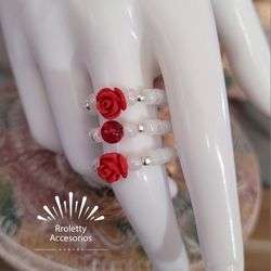 Sterling Silver 925 Ring Set Of Three Coral Flower And White Beads