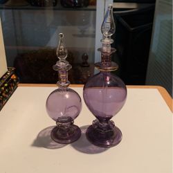 2 Perfume Bottles Blown Glass Bottle Gold Trim -Glass Collectible