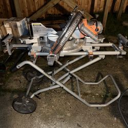 Want To Trade! Rigid 15 Amp 12 In Dual Bevel Sliding Compound Miter Saw W/foldable Cart/stand And Braces