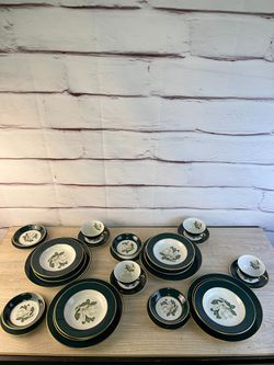 Arcadian China Green Gold Floral 4 Place Setting Dish Set 28pc