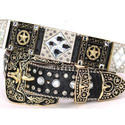 West Star Texas Western Belt Rhinestone Longhorn Star Black Cowboy Pant 28 30 32 34 36 38