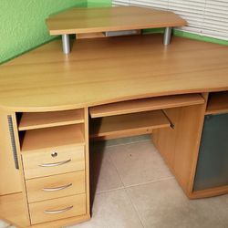 Germany Beige Computer Corner Desk Table With 3 Drawers, 8 Shelves, 2 Sliding Shelves