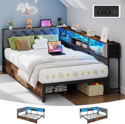 Twin XL Corner Bed Frame with Storage Bookcase and Upholstered Headboard Metal Platform Bed Frame with 2 Drawers, Built-in LED lights and Charging Sta