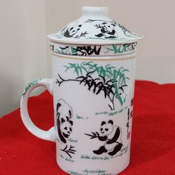 Porcelain Teacup Infuser/Strainer & Lid Panda Bamboo Gold Trim by WY China