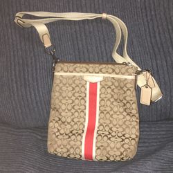 Coach Signature Stripe 6CM North/South Swingpack F50793 Khaki/Hot Orange