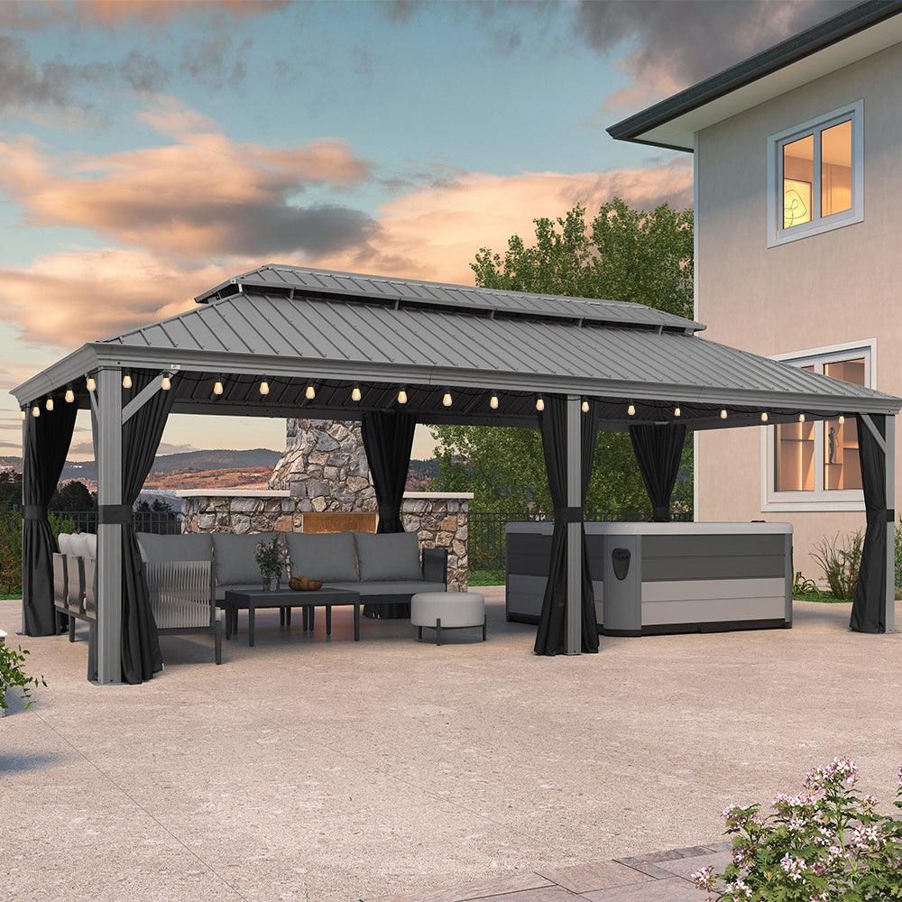 12x24 PURPLE LEAF Patio Gazebo for Backyard | Hardtop Galvanized Steel Frame with String Lights | Light Grey